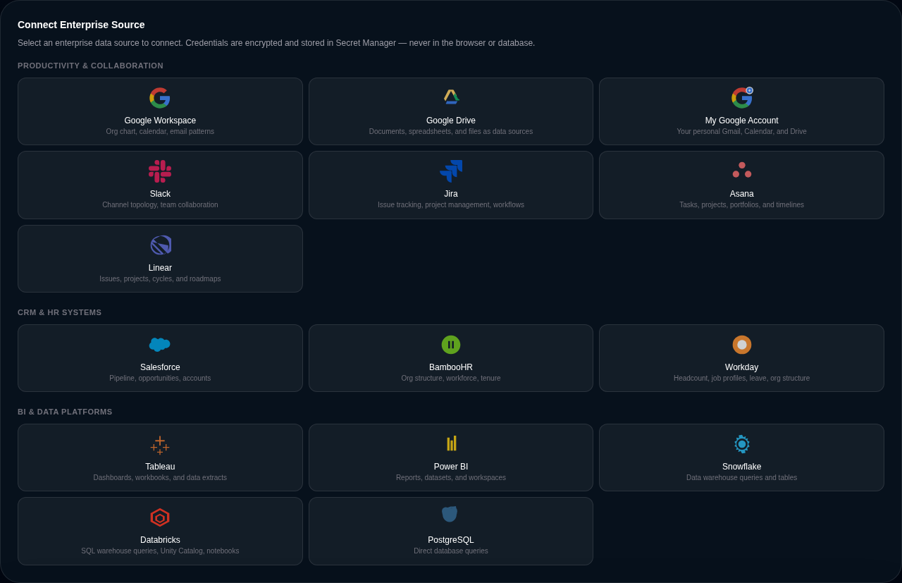 Screenshot of the enterprise connector setup picker with provider cards