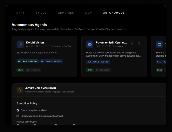 Autonomous Agents panel showing bounded agent configurations and governed execution policy
